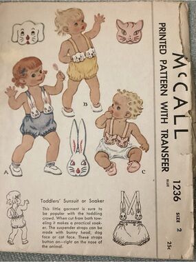 Vintage 1943 McCall Pattern size 2 toddler with printed pattern transfer.